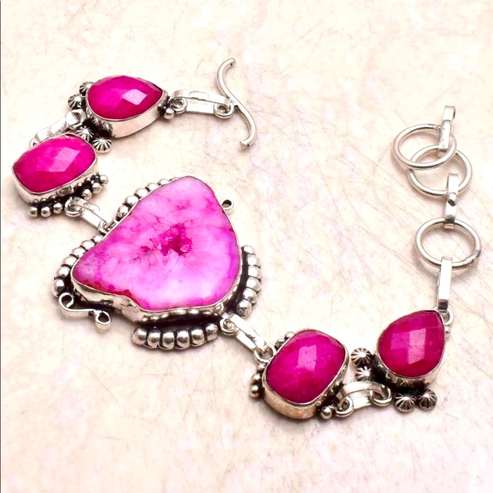 BOGO 50% off Pink Solar Agate/Ruby .925 Silver Bracelet
